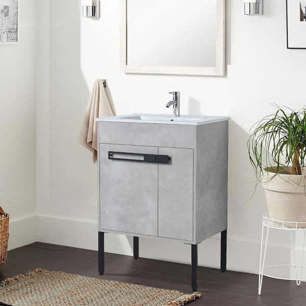 24 in. W x 18-5/16 in. D x 35-1/16 in. H Bath Vanity in Cement Grey with White Ceramic Top