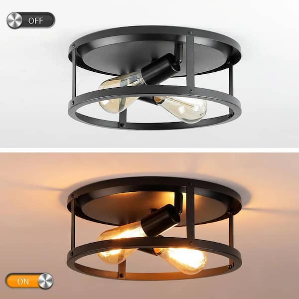 HKMGT 12.7 in. 2-Light Farmhouse Black Flush Mount Ceiling Light