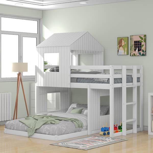 Polibi White  Wooden Twin Over Full Bunk Bed, Loft Bed with Playhouse, Farmhouse, Ladder and Guardrails