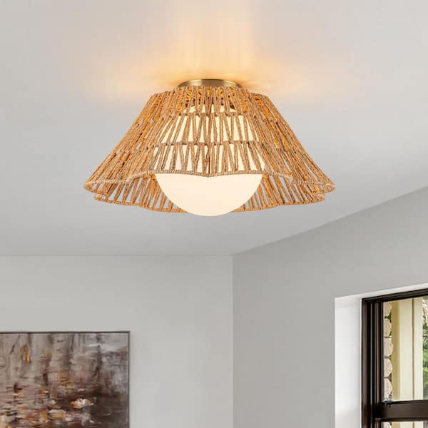 Linnea Farmhouse 18 in. 1-light Brass Woven Rattan Flush Mount Ceiling Light with Opal Glass Shade