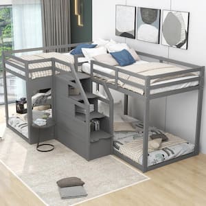 Gray Twin L-Shaped Bunk Bed with Built-in Middle Storage Staircase