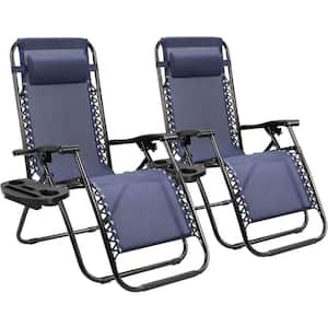 2-Piece Dark Blue Zero Gravity Black Metal Lawn Chair Set Adjustable Folding Beach Chair with Pillows and Cup Holders