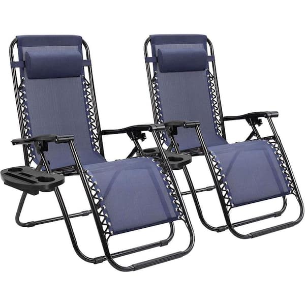 Tozey 2-Piece Dark Blue Zero Gravity Black Metal Lawn Chair Set Adjustable Folding Beach Chair with Pillows and Cup Holders