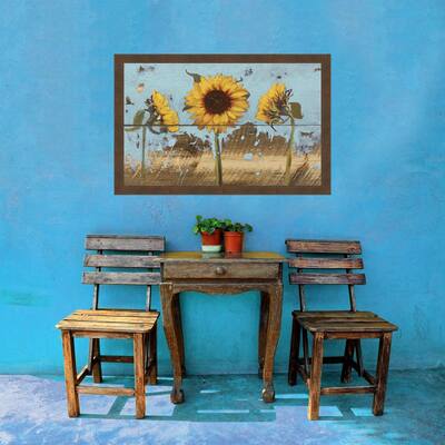 27.5 in. x 37.5 in. 'Sunflowers On Wood IV' by Sandra Iafrate Textured Paper Print Framed Wall Art