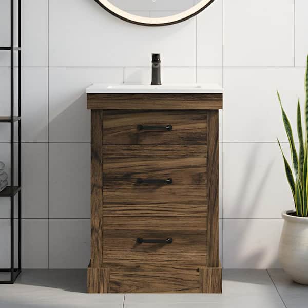 Donovan 24.02 in. Single Sink Freestanding Walnut Bath Vanity with White Ceramic Integrated Square Top