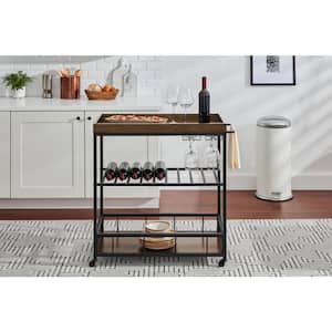 Blake Tray-Top Kitchen Cart with Industrial Black Metal Frame and Walnut Accent Shelving with Drinkware Perch (35" W)
