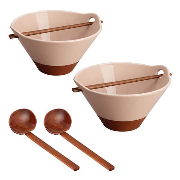 42 fl. oz. Pink Ceramic Soup Bowl Set with Wooden Spoon and Chopsticks for Ramen, Pho, Noodles, Ramen Bowls (Set of 2)