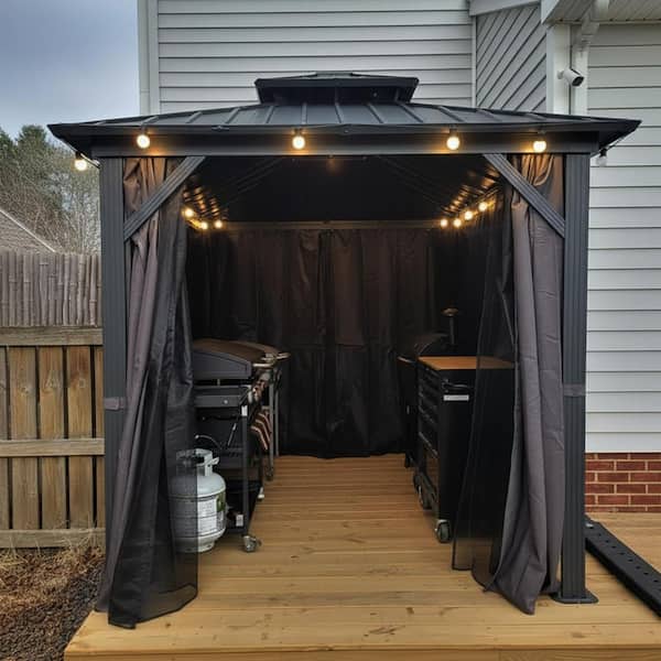 8 ft. x 8 ft. Gray Aluminum Hardtop Gazebo Canopy with Netting and Curtains