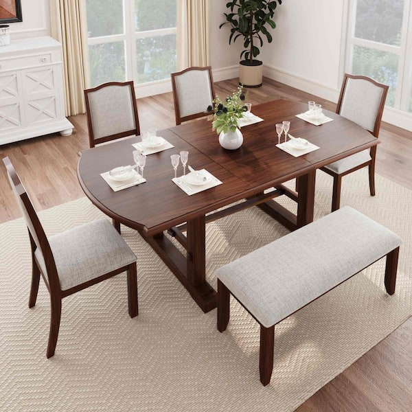 6-Piece Rectangular Cherry Wood Top Dining Table Set Seats 5 with 4 Upholstered Side Chair