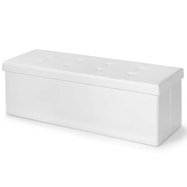 Costway White 45 in. x 15 in. x 15 in. Large Folding Storage Faux Leather Ottoman Pouffe Box Stool