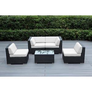 Black 5-Piece Wicker Patio Seating Set with Sunbrella Natural Cushions