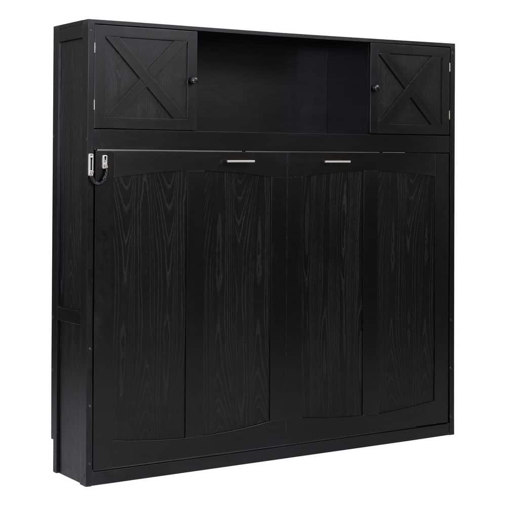 Rustic Black Solid Wood Frame Queen Size Murphy Bed with Storage Cabinets - thumbnail 5