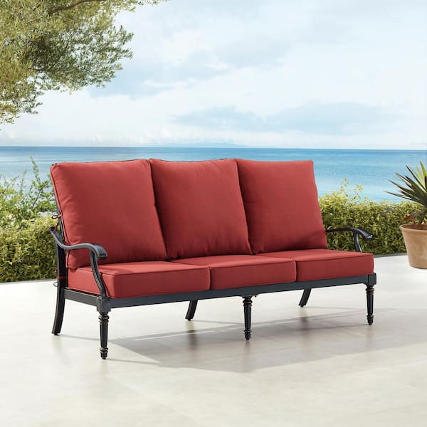 Oakland Living Black 1-Piece Aluminum Outdoor Deep Seating Deep Seating Couch with Cushion with Red Cushions