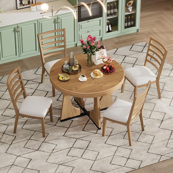 5-Piece Round Extendable Natural MDF Top Dining Table Set Seats 4