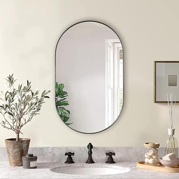 Unbranded 20 in. W x 33 in. H Oval Aluminum Framed Black Miror