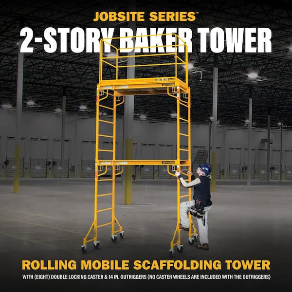 12 ft. Jobsite Series 2-Story Mobile Baker Scaffolding Tower with Outriggers, Guard Rail, and Scaffolding Platform