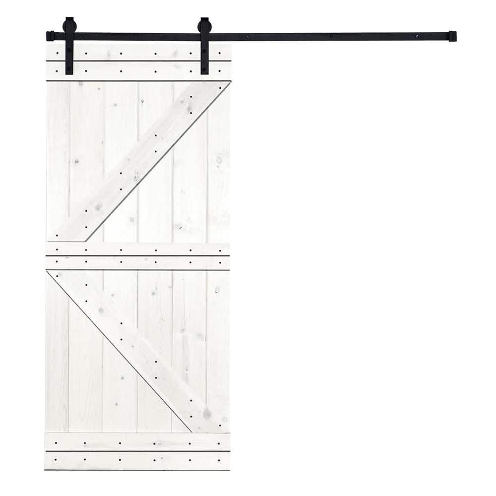 K-Bar series 42 in. x 84 in. Knotty Pine Wood Barn Door Sliding Door With Hardware Kit, White Stain