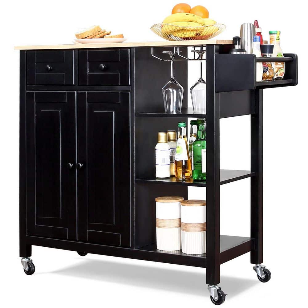 35.5 in. W Black Kitchen Cart with Lockable Wheels and Wine Glass