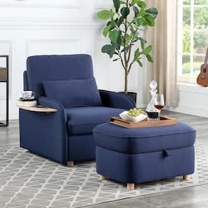 Multi-Function Blue Linen Accent Side Chair with Storage Ottoman and Folding Side Table for Living Room Bedroom