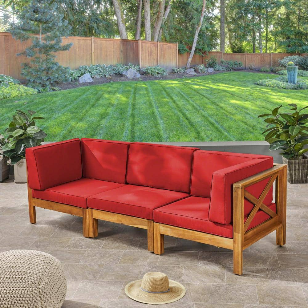 Brava Teak Brown 3-Piece Acacia Wood Outdoor Patio Sectional with Red Cushions -  Noble House, 54497