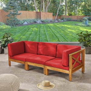 Brava Teak Brown 3-Piece Acacia Wood Outdoor Patio Sectional with Red Cushions