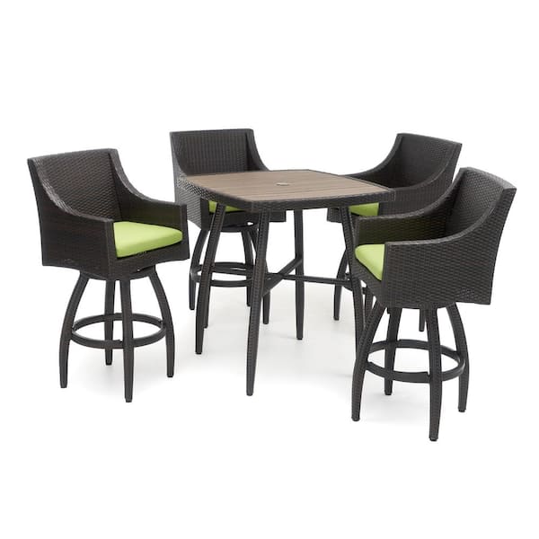 RST BRANDS Deco 5-Piece Wicker Square Outdoor Bar Height Dining Set with Sunbrella Ginkgo Green Cushions