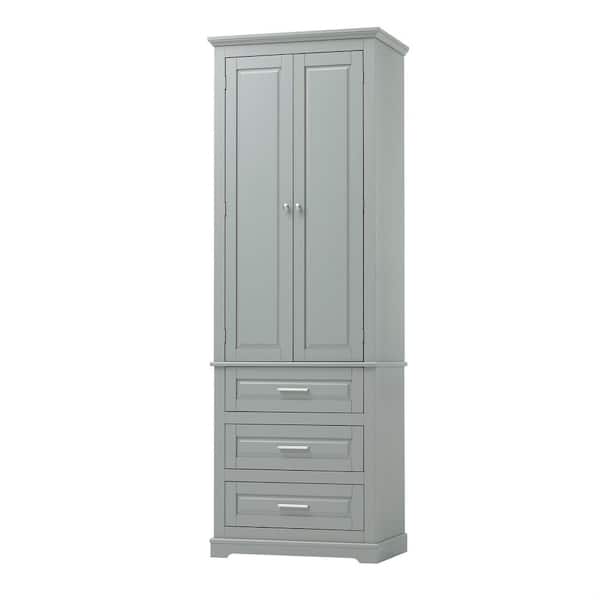 24 in. W x 15.7 in. D x 70 in. H Gray Wood Top Linen Cabinet with 3-Drawers