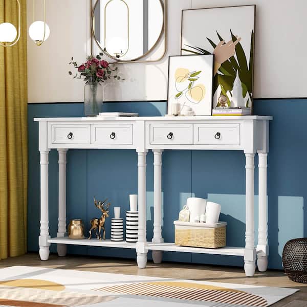 GODEER 58 in. Antique White Rectangle Wood Console Table Sofa Table with Drawers and Long Shelf