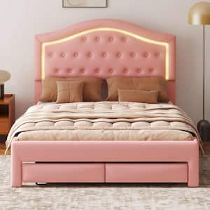 Pink Wood Frame Queen Platform Bed with Tufted Headboard