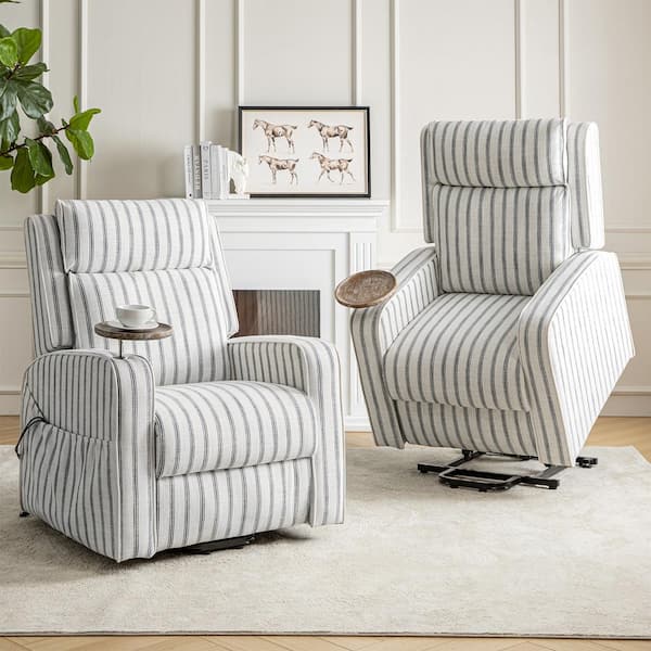 Dan Navy Farmhouse Massage Lift Assist Power Recliner with Solid Wood Tray (Set of 2)