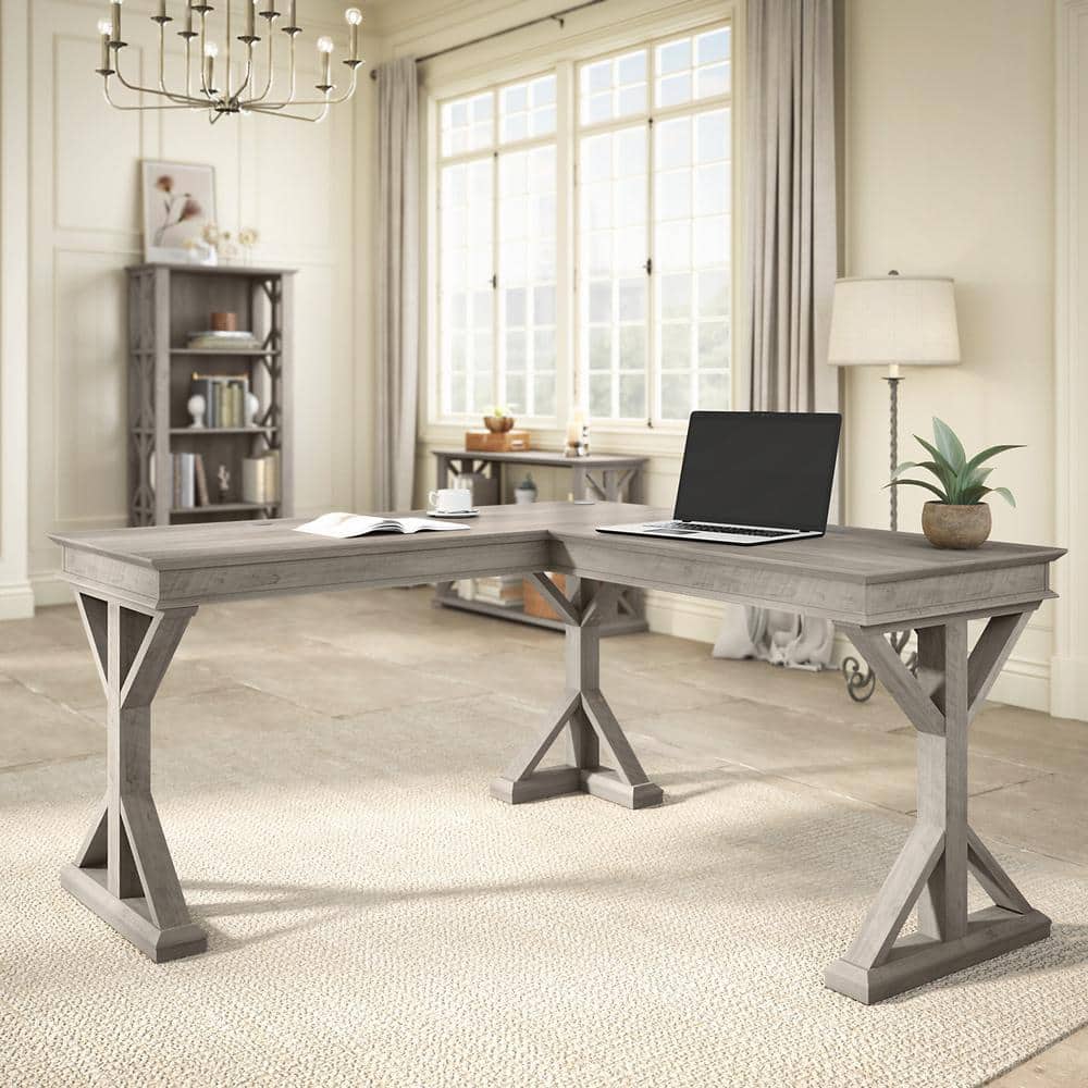 Driftwood Gray Farmhouse L-Shaped Home Office Desk with Filing Cabinet