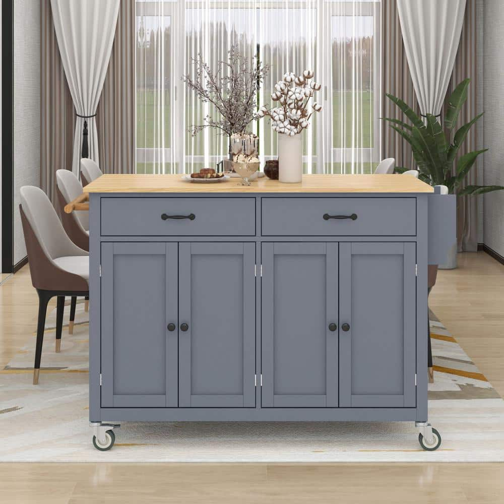 Dusty Blue Kitchen Cart with Natural Wood Top and Locking Wheels (54.3 ...