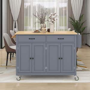 Dusty Blue Kitchen Cart with Natural Wood Top and Locking Wheels (54.3 in. W)
