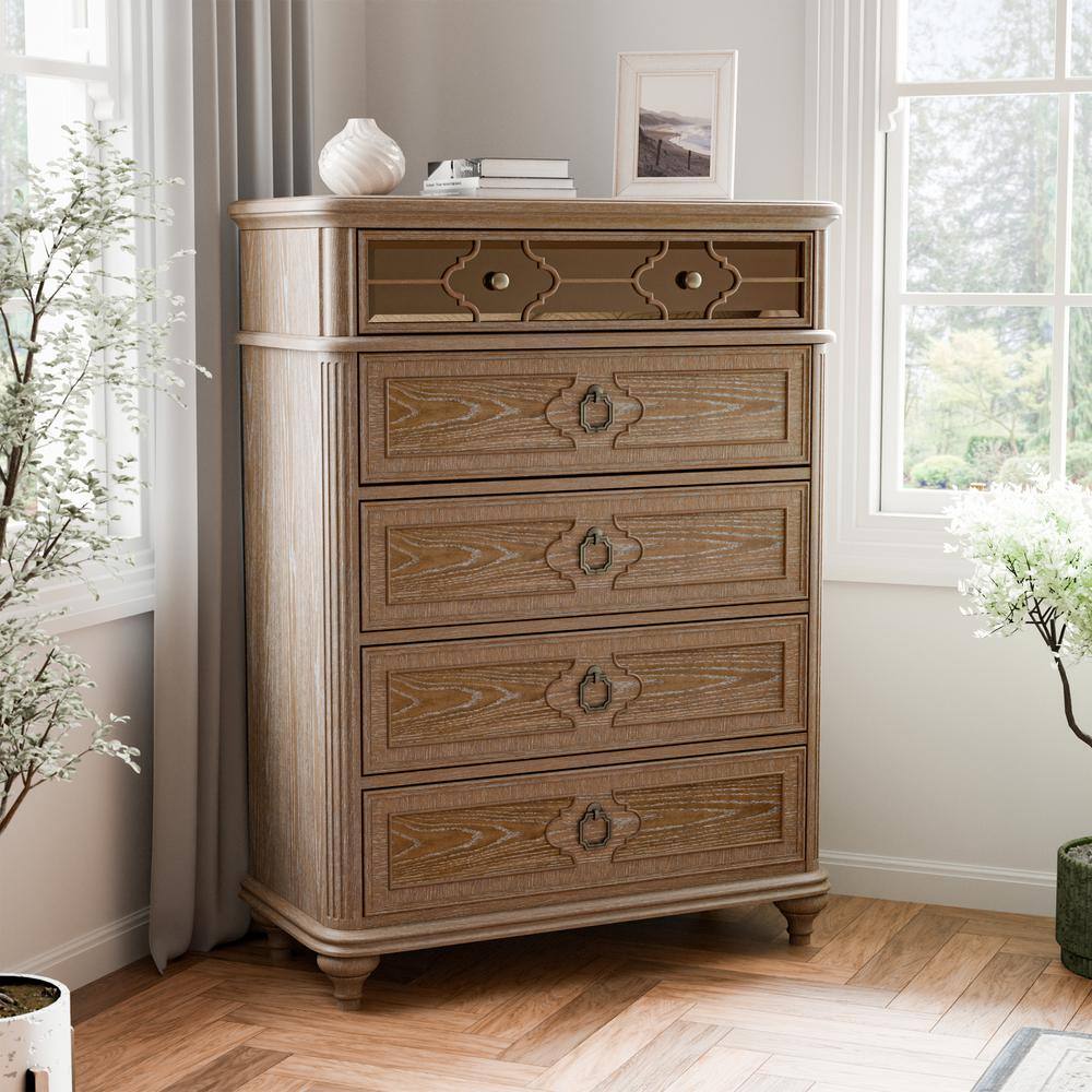 Brightwell Rustic Oak 5 Drawer 40 in. Wide Chest of Drawers With Felt Lined Top Drawer