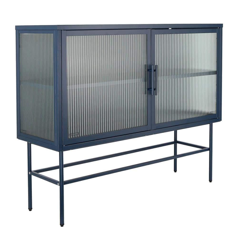 43.31 in. W x 14.96 in. D x 35.75 in. H Blue Linen Cabinet with 2 Fluted Glass Doors and Adjustable Shelf