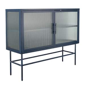 43.31 in. W x 14.96 in. D x 35.75 in. H Blue Linen Cabinet with 2 Fluted Glass Doors and Adjustable Shelf