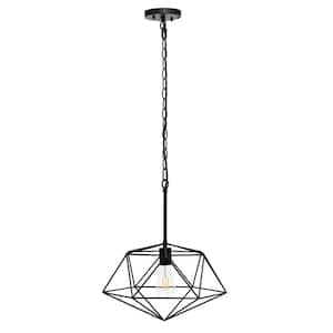 16 in. Black Geometric Diamond Shaped Pendant Light Industrial Metal Wire Cage Hanging Ceiling 1 Light Fixture