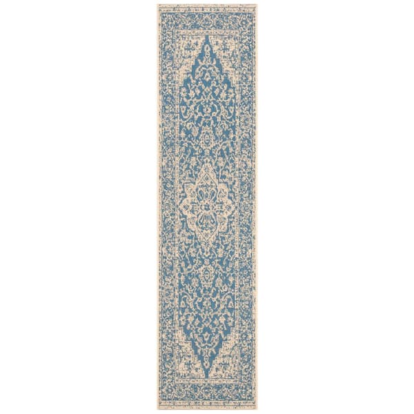 Linden Blue/Cream 2 ft. x 10 ft. Border Antique Medallion Indoor/Outdoor Runner Rug