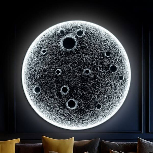 FIRHOT 32 in. 1-Light 3D Embossed Moon Pattern White Plug-In Dimmable ...