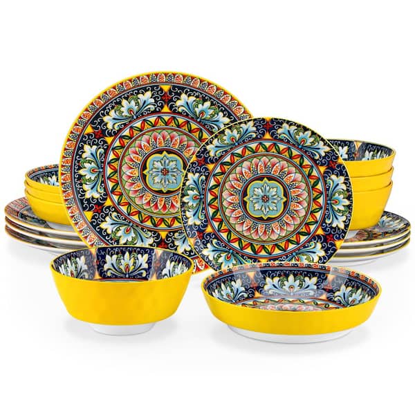 16-Piece Yellow Porcelain Dinnerware Set Service for 4 Bohemian Style Bowls and Plates Set Dining Set Tableware