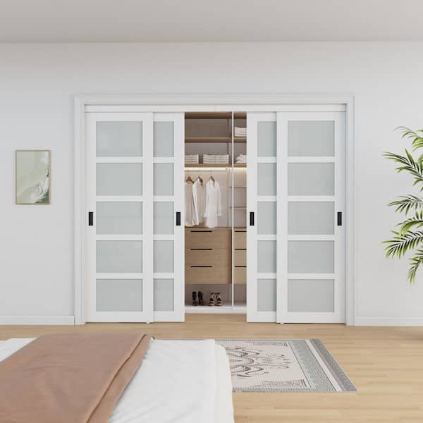 96 in. x 80 in. 5-Lite Frosted Glass Primed White MDF Interior Closet Sliding Door Black Handles and Hardware