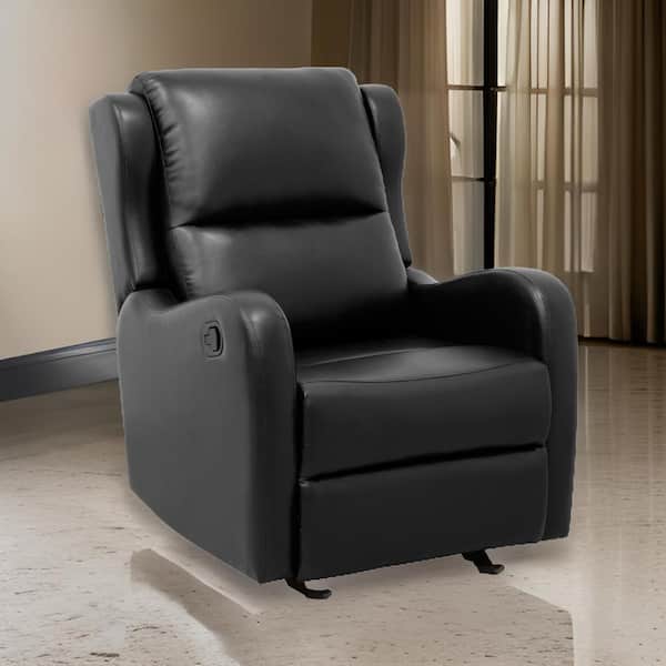 Benjara Black Faux Leather Manual Glider Recliner with Solid Wood