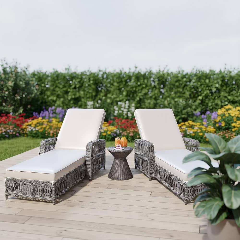 Gray 2-Piece Wicker Outdoor Chaise Lounge with Armrests, Beige Removable Cushions price history on PriceWatchPro