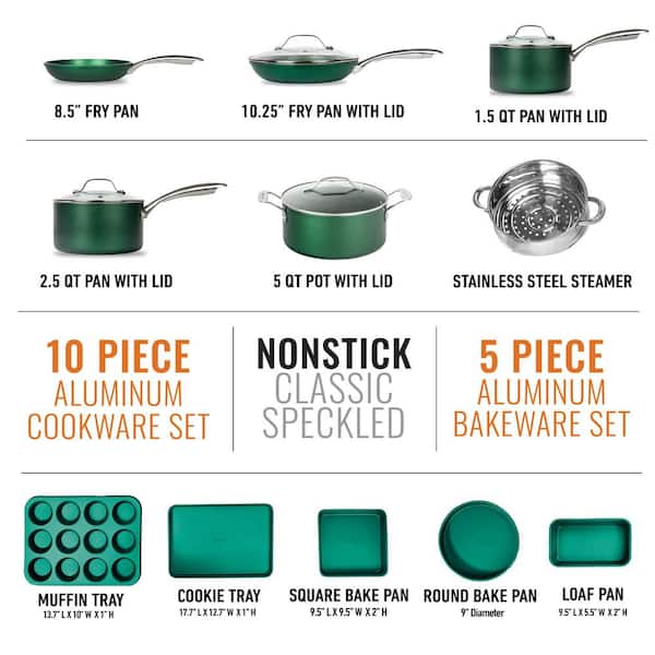 Granitestone 15-Piece Aluminum Ultra-Durable Non-Stick Diamond Infused Cookware and Bakeware Set in Emerald Green
