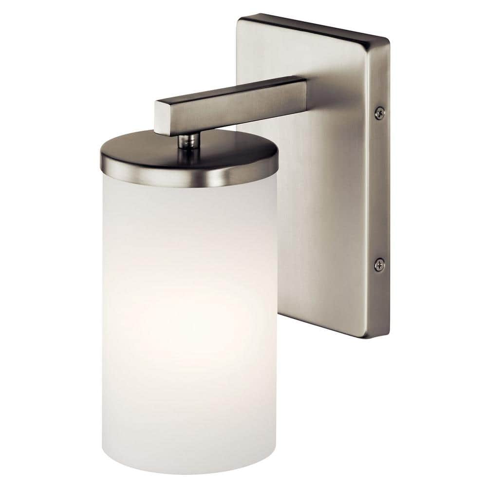Brushed Nickel Cylinder Wall Sconce with White Shade