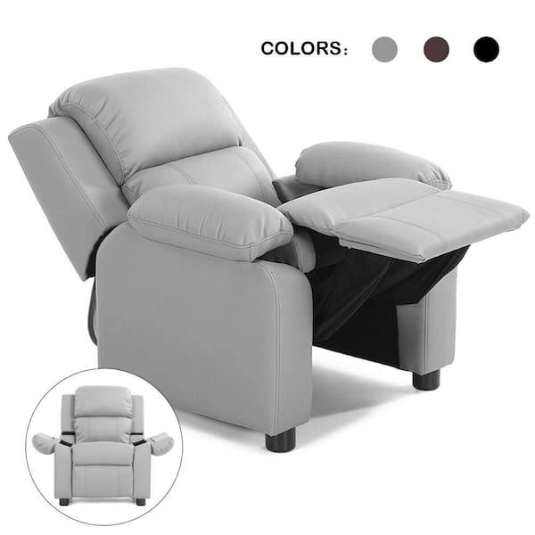 Costway Deluxe Padded Gray Faux Leather Upholstery Kids Recliner Headrest w/Storage Arm