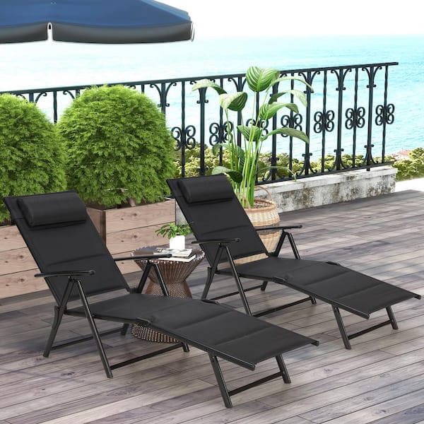 Cesicia Outdoor Folding Lounge Chair Reclining Adjustable Lightweight Chaise Lounge Chair in Black Set of 2