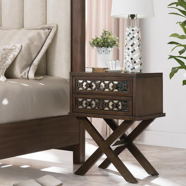 Leick Home Mirrored Diamond Filigree X Base Nightstand/Table with 2-Drawers