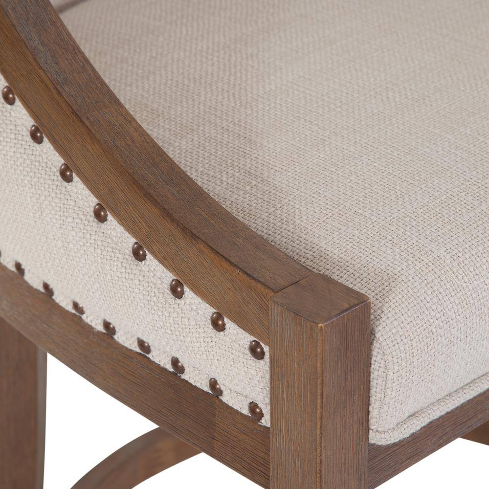 Warm Brown Birch Wood Adjustable Bar Stool with Light Beige Linen Seat
