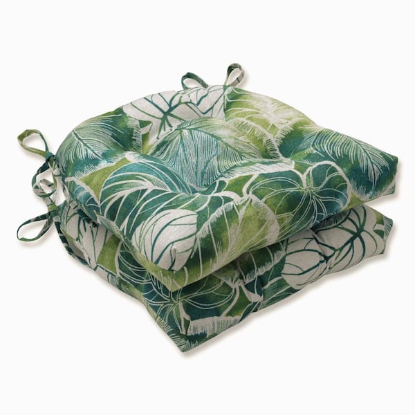 Pillow Perfect Floral 17.5 in. x 17 in. Outdoor Dining Chair Cushion in Green/Ivory (Set of 2)